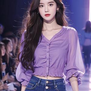 TEMU 2025 봄/여름 신상 한국 스타일 의상, 올해 인기 예쁜 블ouses, 부드럽고 우아한 보라색 여성용 긴팔 셔츠