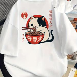 TEMU 라멘 먹는 고양이 일본 요리 프린트 티셔츠 반팔 크루넥 캐주얼 상의 여름 봄용 여성 의류