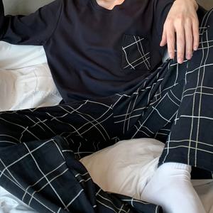 TEMU 남성용 라운드넥 블랙 긴팔 셔츠 (포켓 포함), 체크 무늬 긴 바지 파자마 라운지웨어 세트, 외출 및 집에서 착용 가능한 의류