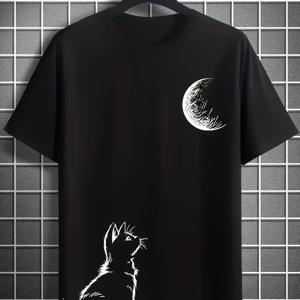 TEMU 남성용 & 달 밤하늘 티셔츠 - 밤하늘 별과 달 프린트 반팔 라운드넥 티, 내구성 있는 캐주얼 & 아웃도어 셔츠, 천문학 애호가, 캠핑 & 캐주얼 복장용 - 반려동물 테마 의류와 호환 가능 - (반려동물 테마 의류와 호환 가능)
