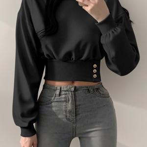 TEMU 여성 가을 겨울 캐주얼 패션 크롭 후드티: 부드러운 피부 친화적, 허리 주름 보정, 넉넉한 랜턴 소매, 다용도 스타일리시한 가을/겨울 통근 및 외출복