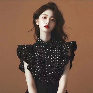 TEMU 여성 도트 민소매 블라우스 셔츠 땡땡이 프릴 캡소매 날개소매 상의 팔뚝커버 페미닌 프렌치룩 하객룩 데이트룩 출근룩 여름 쉬폰 블랙