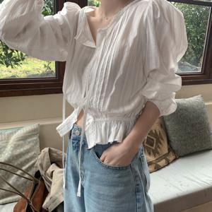 TEMU 부드러운 달콤함 레이스업 셔츠 2026 러플 V넥 허리 랜턴 슬리브 햇빛 차단 셔츠