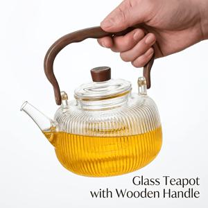 TEMU 1200ml 붕규산 유리 찻주전자 (탈착식 인퓨저 포함), 스토브 사용 가능, 내열성, 꽃차 및 잎차에 적합, 화상을 방지하는 나무 손잡이 주전자, 라마단 및 휴일 선물로 완벽