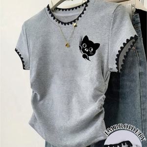 TEMU 회색 고양이 프린트 반팔 티셔츠, 스타일리시한 캐주얼 아이템. 이 다재다능한 회색 고양이 프린트 티셔츠는 일상복으로 완벽합니다. 간편하면서도 패셔너블한 여성용 상의