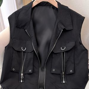 TEMU 스프링 여름 트렌디 패션 편안한 스타일 큰 포켓 개성 있는 지퍼 디자인 작은 핀턱 민소매 여성 캐주얼 조끼