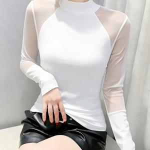 TEMU 여성용 신상 숄더 패치워크 메쉬 하이넥 스트레치 탑, 패션 탑, 캐주얼 편안한 탑, 다용도, 좋은 탄성, 편안하고 패셔너블