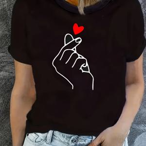 TEMU 여성 캐주얼 라운드넥 티셔츠, 하트 손 제스처 패턴 프린트, 반팔 패브릭 탑, 올 시즌 패션