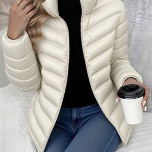 TEMU 여성용 가벼운 스탠드 칼라 숏 자켓 가을 겨울용 - 주름 방지, 지퍼업, 한국 스타일, 화이트/베이지 워크 자켓, 여성용 우아한 겨울 코트, 매끄러운 원단 직장인 여성 자켓, 겨울용 보온 방한