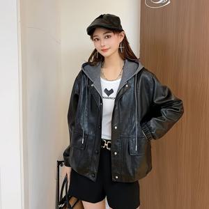 TEMU 여성용 스위트 쿨 스트리트웨어 블랙 후드 퍼퍼 재킷 (회색 후드, 패치워크 빅 포켓, 드로스트링 디자인) - 신상 가을/겨울 패션 아우터