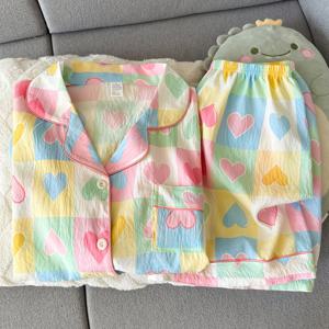 TEMU 여성용 파자마 여름 얇은 체크 무늬 하트 반팔 & 반바지 귀여운 여름 외출 홈웨어 세트 2pcs