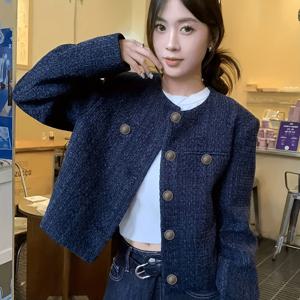 TEMU 블루 뉴 하이엔드 캐주얼 반팔 재킷 긴팔 탑 인성 트위드 스몰 프래그런스 스타일 재킷