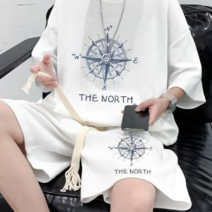TEMU 남성 캐주얼 반팔 티셔츠 - 100% 면 통기성 좋은 루즈핏 티, 라운드 넥 여름 상의, 야외 스포츠 및 캐주얼 의류용, 세탁기 세탁 가능, 해양 프린트 디자인