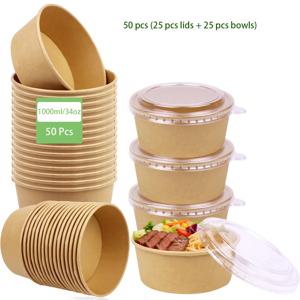 TEMU 34Oz/1000Ml 30/50개입 (15/25개 뚜껑+15/25개 볼) 뚜껑 포함 종이 볼, 식품 용기, 일회용 수프 서빙 볼 대량, 도시락, 샐러드 디저트 식사 준비 볼, 뜨겁거나 차가운 음식, 수프, 식품 포장용 파티 용품