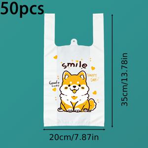 TEMU 50개 시바 인우 캐릭터 비닐 봉투 - 두꺼운 50Um 내구성 쇼핑백, 귀여운 강아지 패턴, 