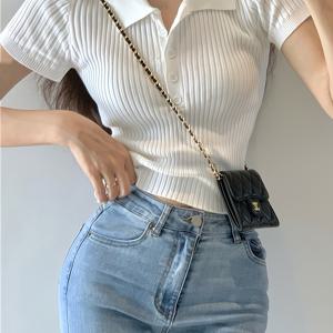 TEMU 빈티지 한국 스타일의 봄 슬림핏 반팔 상의, 작은 칼라와 반팔 디자인의 여성용 티셔츠