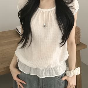 TEMU 여성용 한국 스타일 민소매 시폰 블라우스 셔츠 - 라운드 넥 러플 밑단 시스루 블라우스 탑, 통기성 좋은 시폰, 출퇴근, 데이트, 사무실 & 레이어드용, 봄 여름 단색 라운드 넥 블라우스