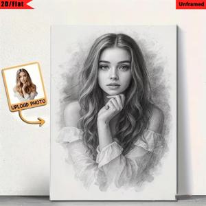 TEMU 2D 플랫, 2D 플랫, 2D/플랫, 1개, 액자 없음, 사진에서 맞춤형 연필 스케치 인물화, 개인 맞춤 숯돌 드로잉 캔버스 프린트, 사진을 예술적인 손으로 그린 스타일 벽 장식, 커플 가족을 위한 이상적인 기념일 생일 선물