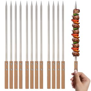 TEMU 12개 세트 강력한 스테인리스 스틸 바베큐 꼬치, 나무 손잡이 포함 - 고기, 닭고기, 새우, 야채용 긴 평면 그릴 꼬치 - 내구성 있는 야외 그릴 요리 도구, 고기 꼬치 | 슬림한 평면 디자인 | 나무 손잡이 그립