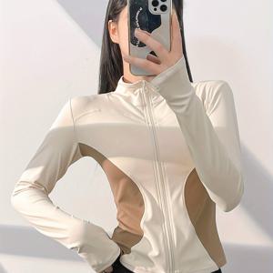 TEMU 여성용 롱슬리브 지퍼업 하이넥 라운드넥 컬러블록 디자인 탑, 구멍 포함
