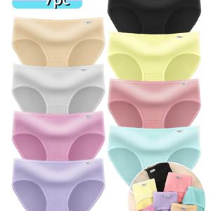 TEMU 7개 랜덤 색상 마카롱 컬러 삼각 팬티 여아용, 단색, 부드럽고 편안하며 통기성 및 탄성 좋은 속옷, 십대용
