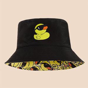 TEMU Unisex 양면 버킷햇, 패셔너블한 작은 노란 오리 다리미 부착식 프린트, 파티 및 야외 활동에 적합한 경량 버킷햇, 캐주얼 사계절 아웃도어 여행 해변 모자