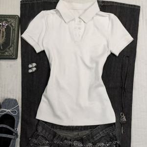TEMU 여성 Y2K 스타일 V넥 반팔 폴로 셔츠 - 반팔, 슬림핏, 레터 프린트, 캐주얼 디자인, 여성 티셔츠