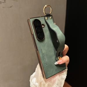 TEMU 웨이브 손목 스트랩 삼성 Z 폴드 7/6/5/4/3 호환용 휴대폰 케이스 신형 접이식 화면 플립 커버 일체형 스탠드 손목 스트랩 낙하 방지 PU 보호 케이스