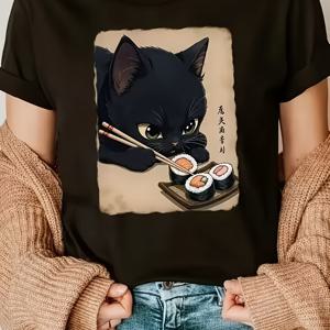 TEMU 일본 스타일 검은 고양이 스시 프린트 블랙 티셔츠, 귀엽고 재미있는 레귤러 라운드넥 반팔, 트렌디하고 개성적인 여성용 캐주얼 탑