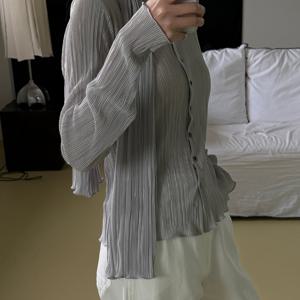 TEMU 한국 스타일 주름 텍스처 고급 출퇴근용 라운드넥 싱글브레스트 스트레치 긴팔 상의 ~ 깃털 장식 스트리머 포함