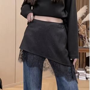 TEMU 여성용 Y2K 라인스톤 & 레이스 미니 스커트, 불규칙한 밑단 & 사이드 타이 클로저 - 솔리드 블랙 하프 스커트, 나이트클럽, 파티웨어, 의상에 적합, 손세탁 가능, 사계절 활용 가능한 스타일
