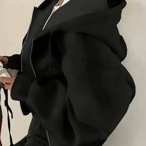 TEMU 여성용 캐주얼 솔리드 블랙 지퍼업 후드티 - 긴소매, 폴리에스터, 세탁기 사용 가능, 가을/겨울 패션, 편안한 캐주얼 의상