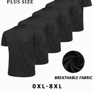 TEMU 5개 남성용 플러스 사이즈 스포츠 티셔츠, 블랙 앤 화이트, 사이즈 0XL-8XL, 통기성 좋고 빠른 건조 스포츠 캐주얼 반팔 스포츠웨어, 세탁 가능, 가벼운 단색 상의, 헬스, 러닝, 하이킹, 볼 스포츠에 적합