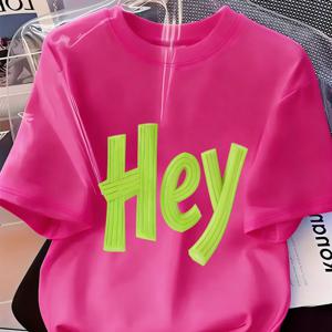 TEMU 여성용 형광 'Hey' 레터 그래픽 반팔 티셔츠, 3D 라인 트렌디 폰트 특징, 다양한 색상으로 제공, 캐주얼하고 다재다능하며, 간편한 스트리트 스타일