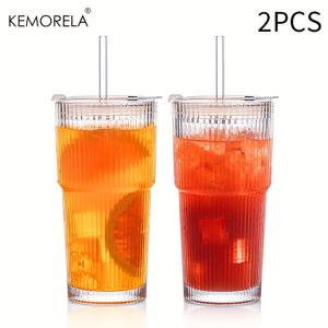 TEMU KEMORELA 1/2개 INS 대용량 세로 줄무늬 유리컵 (뚜껑 있음/없음), 차가운 음료컵, 주스 커피컵, 물컵