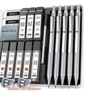 TEMU 4가지 사탕 메탈 자동 연필 세트, 3개 아트 드래프팅 연필 0.5, 0.7, 0.9MM & 2개 2MM 자동 드로잉 연필 (420개 심 포함, 4B 2B HB 2H 색상), 랜덤 색상 숫돌 (글쓰기 스케치 드로잉용), 학용품, 개학