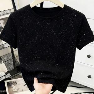 TEMU SY00008 Y2K 스타일 반팔 티셔츠 여성용 프린트 없음 다림질 가능 블랙 슬림핏 라운드넥 탑 2026 봄/여름 신상 - LDH