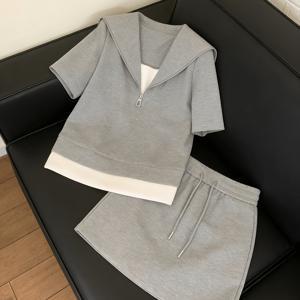 TEMU 1pc 캐주얼 네이비 칼라 페이크 투피스 세트, 회색 지퍼 라펠 반팔 + 드로스트링 반바지 투피스 세트, 여성 여름 데일리 외출, 키높이, 개성 스타일
