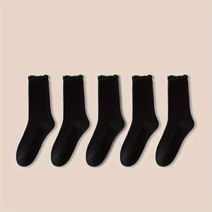 TEMU 가을/겨울용 여성용 솔리드 블랙 편안한 패션 캐주얼 다용도 중목 양말 5팩 세트
