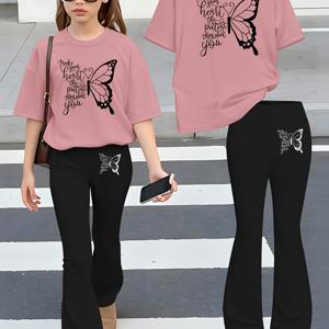 TEMU 2pcs 여아 여름 패션 세트: 프린트 오프숄더 반팔 라운드넥 티셔츠 및 탄성 플레어 팬츠, 여아용 롱 팬츠 세트 (야외용)
