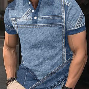 TEMU 남성용 반팔 폴로 셔츠 - 3D 디지털 프린팅 패턴 - 블루 데님 스택드 텍스처 디테일, 패셔너블하고 심플한 반팔, 버튼형, 캐주얼 칼라 폴로 셔츠, 패셔너블하고 활용도 높은, 데이트, 해변 휴가에 적합하고 완벽한