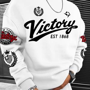 TEMU 트렌디한 남성을 위한 새로운 레트로 배지 스타일 라운드넥 스웨트셔츠. 손글씨 'Victory' 메인 슬로건, 'EST 1868' 연도 표기, 왕관과 라우렐이 특징입니다.