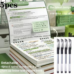 TEMU 분리형 루즈리프 노트북 세트 (스파이럴 바인딩 노트 1개 + 펜 4개 포함, 각 60매/120페이지). 고급 솔리드 컬러 디자인 적용