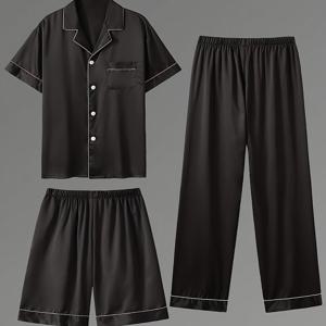 TEMU 클래식 블랙 앤 화이트 대비 트림, 드레이프감 있는 고급스러움, 부드럽고 피부 친화적. 반팔 + 반바지 + 바지 3피스 세트, 집에서나 외출할 때 입을 수 있습니다. 남성용 3피스 세트, 남성용 올 시즌 착용, 남성용 봄