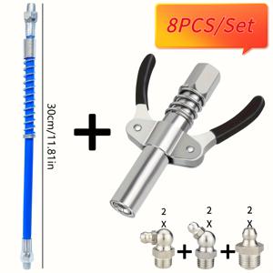 TEMU 8개 자체 잠금 고압 그리스 건 노즐 세트 | 10,000 PSI 고압, 퀵 릴리스, 내구성 강철, 효율적인 윤활 | 내구성 호스, 전기 불필요 - 자동차/차량/산업 윤활 및 유지 보수에 적합