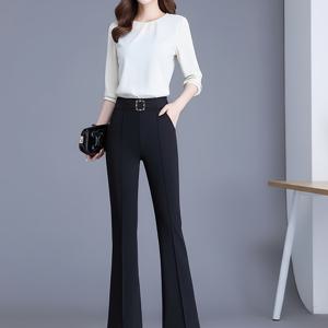 TEMU 1개, 한국 스타일 여성용 하이웨이스트 슬림핏 정장 바지 플레어 팬츠 - 포켓이 있는 패셔너블한 블랙 플레어 팬츠, 편안한 원단, 캐주얼 또는 오피스 웨어에 적합, 봄에 완벽