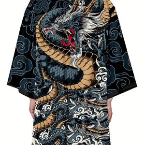 TEMU 2025년 신상 국산 트렌디 드래곤 토템 롱 로브 일본 스타일 오픈 가디건 루즈한 유령 전사 기모노 3/4 소매 드래곤 로브 목욕 가운