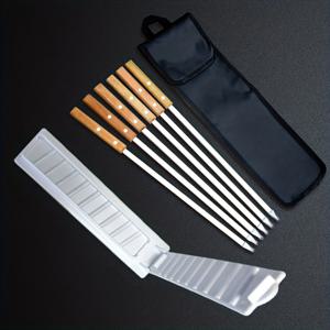 TEMU 6개 스테인리스 바베큐 꼬치 + 1개 고기 압착 몰드 세트, 긴 손잡이 바비큐 막대, 나무 손잡이, 야외 그릴 및 주방 용품용 보관 가방 포함 바비큐 니들
