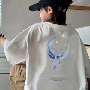 TEMU 2025년 청소년용 캐주얼 루즈핏 반팔 티셔츠, 파란색과 흰색 고래 그래픽 - 남녀 아이들을 위한 중간 스트레치 크루 넥 상의, 여름 컬렉션, 캐주얼 여름 상의 | 우아한 프린트 상의 | 중간 스트레치 소재