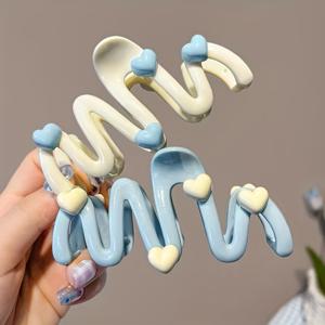 TEMU 여성용 여름 크림 블루 하트 웨이브 헤어 클립 2개 세트, 뒤통수 번 클로 클립, 귀여운 헤어 액세서리
